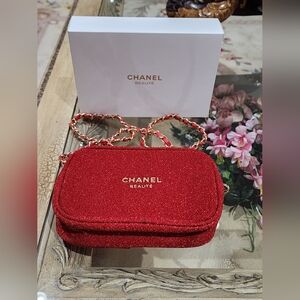 New Chanel Beaute Red Pouch With Crossbody Chain GWP